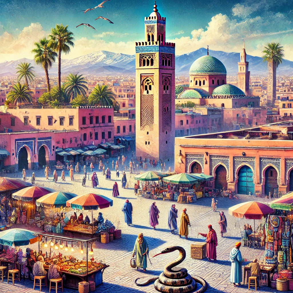 DALL·E 2024-09-25 22.38.26 - A vibrant and colorful depiction of Marrakesh, Morocco, showcasing its iconic elements. The image features the bustling Jemaa el-Fnaa square filled wi