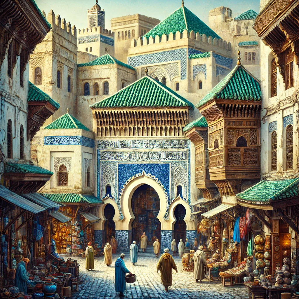 DALL·E 2024-09-25 22.40.45 - A vibrant scene of Fez, Morocco, focusing on the historic medina. The image features narrow, labyrinth-like streets lined with traditional Moroccan bu